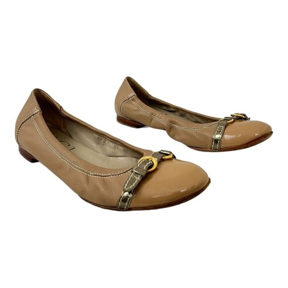 AGL Size 38.5 US 8.5 Tan Beige Leather Buckle Cap Toe Slip On Ballet Fla… - Picture 1 of 8